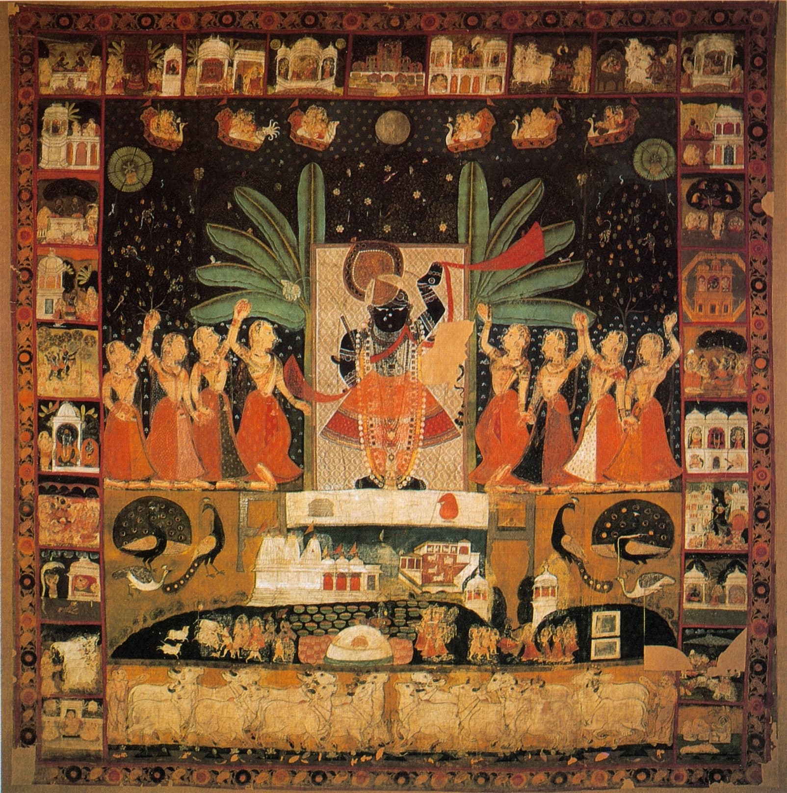 Pichhavai painting from the Shrinathji temple at Nathdwara, Rajasthan: Krishna as Shrinathji ringed by dancing gopis on a deep brown ground