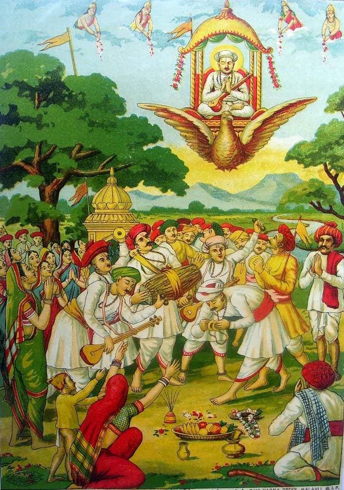 Lithograph of Sant Tukaram being lifted to Vaikuntha on Garuda while warkari devotees below sing kirtan with veena, mridanga, and cymbals