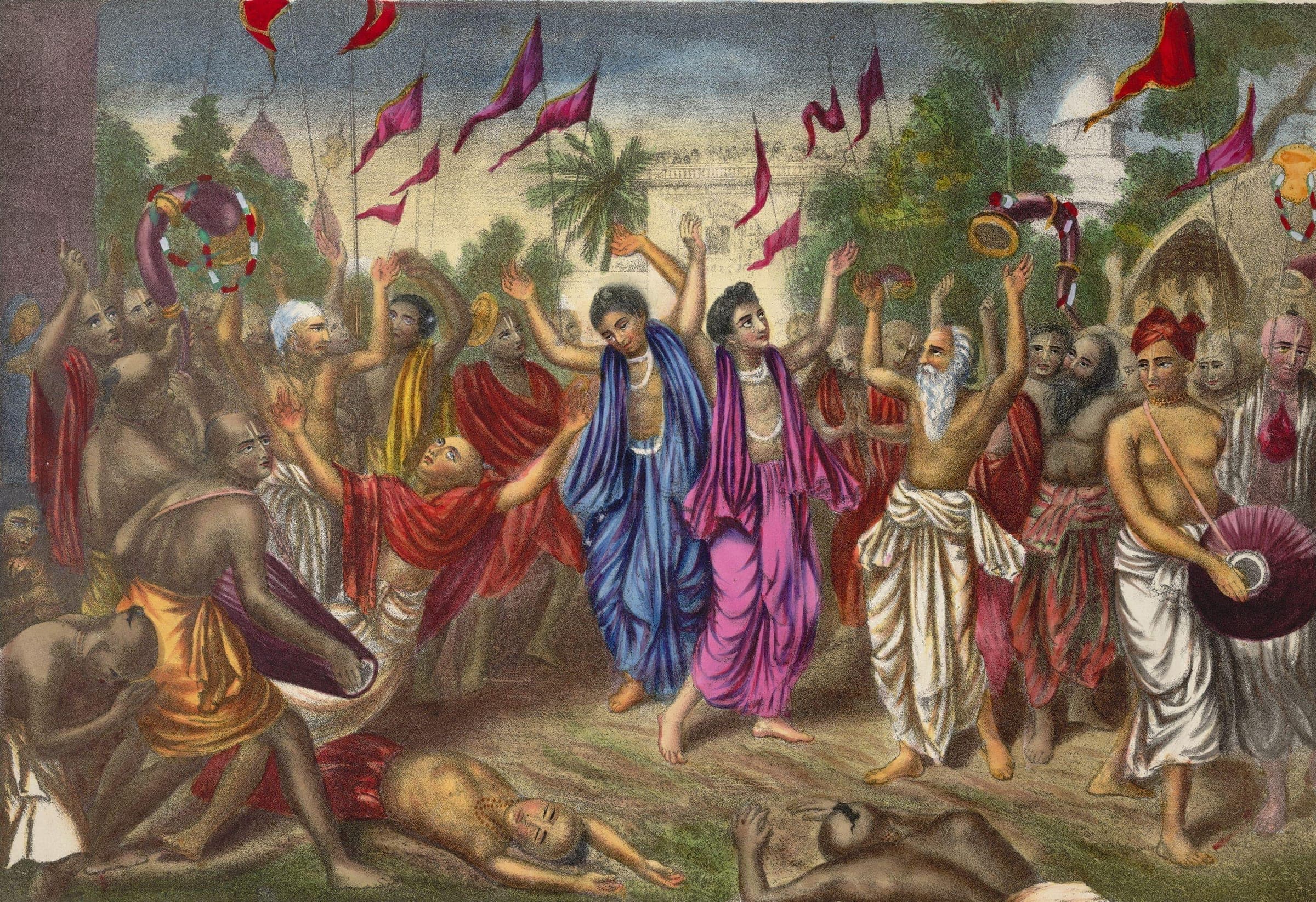 Sri Chaitanya Mahaprabhu and his companion Nityananda dancing in Sankirtan with devotees, drums and cymbals around them, a temple behind