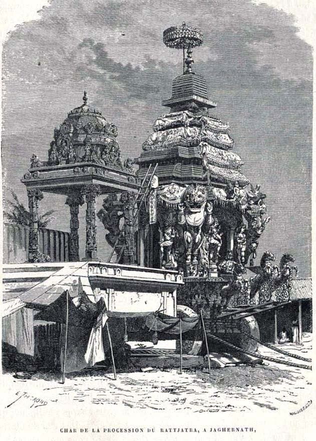 An 1877 engraving of the Jagannath rath yatra at Puri, the great carved wooden chariot raised above the gathered street