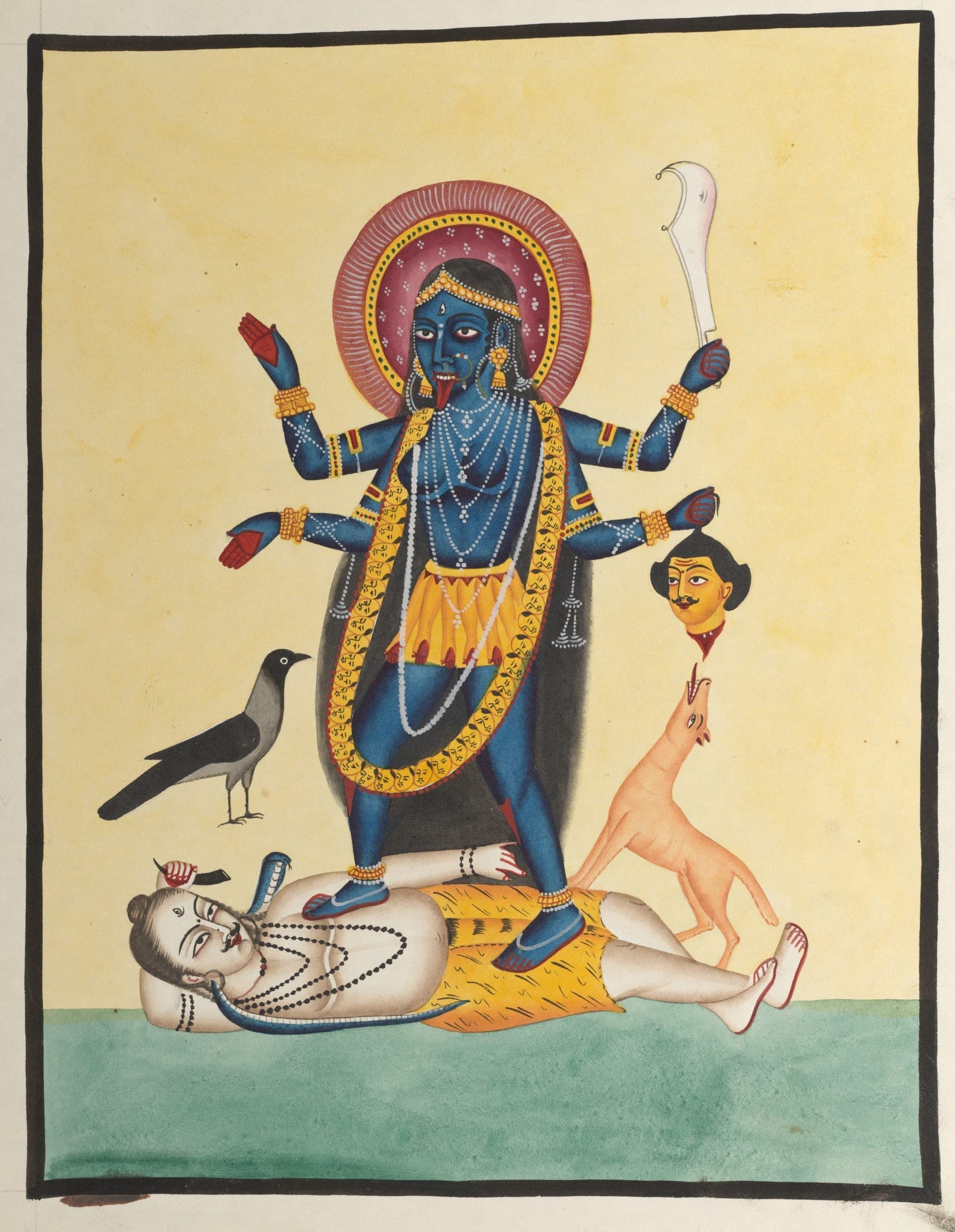Kalighat painting of Ma Kali standing on the prostrate Bhagavan Shiva, garlanded with severed heads, the figure Sant Ramprasad sang to