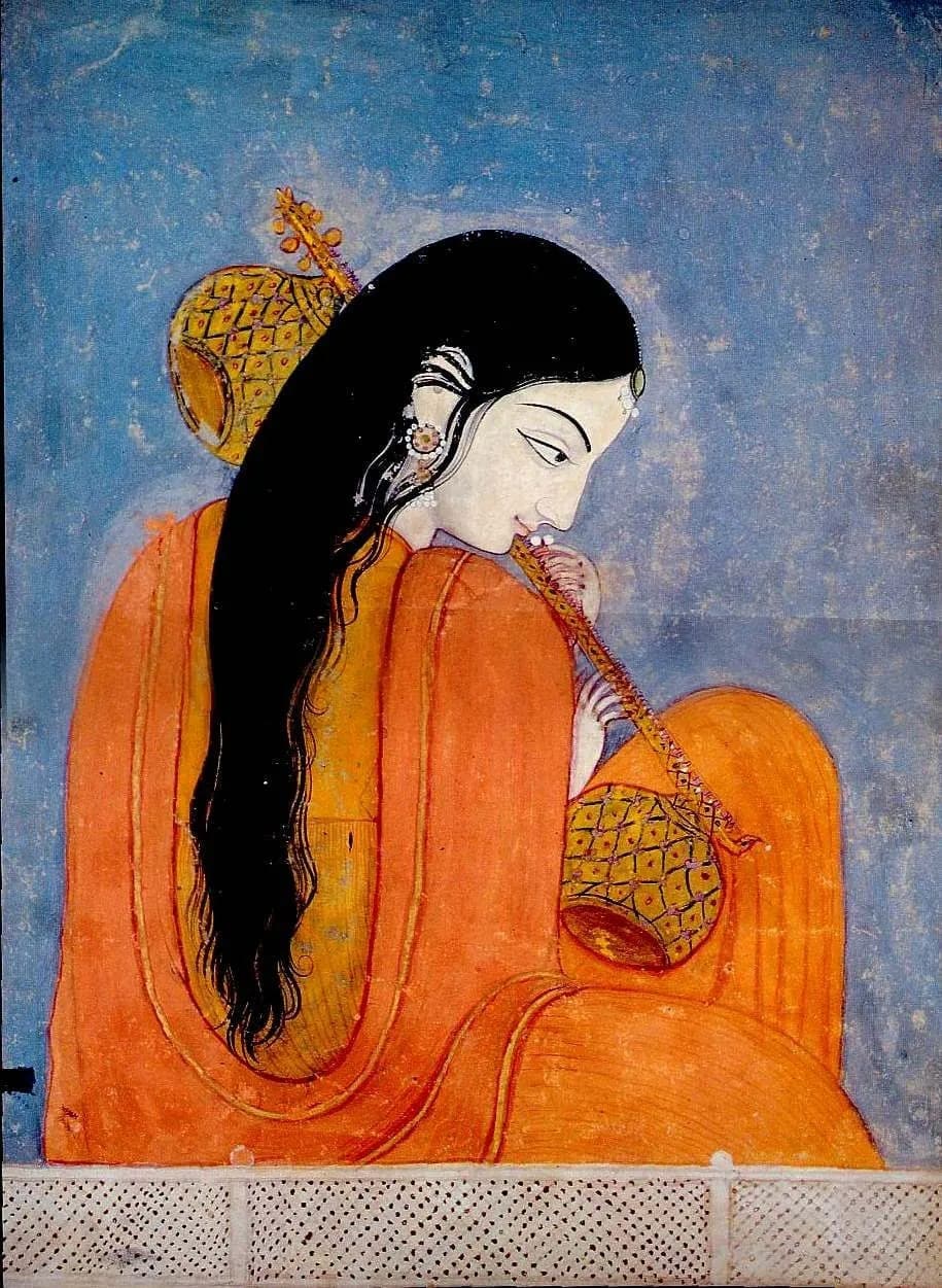 Kangra-style painting of Sant Mirabai, the sixteenth-century Krishna-devotee of Rajasthan, lost in song with her veena