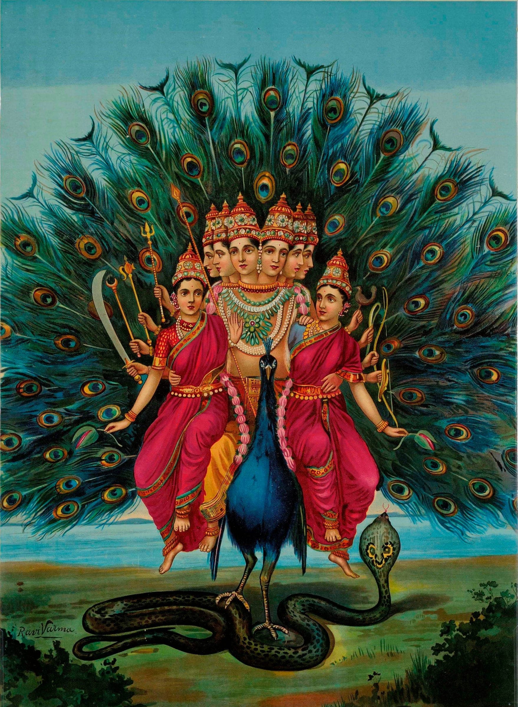 Bhagavan Murugan with his consorts on the peacock vahana, painted by Raja Ravi Varma · one of the many forms the walk may carry