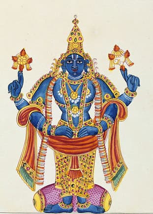 Sri Vitthal of Pandharpur, four-armed, blue-skinned, conical crown, hands on hips · a Tiruchchirappalli painting from the 1820s