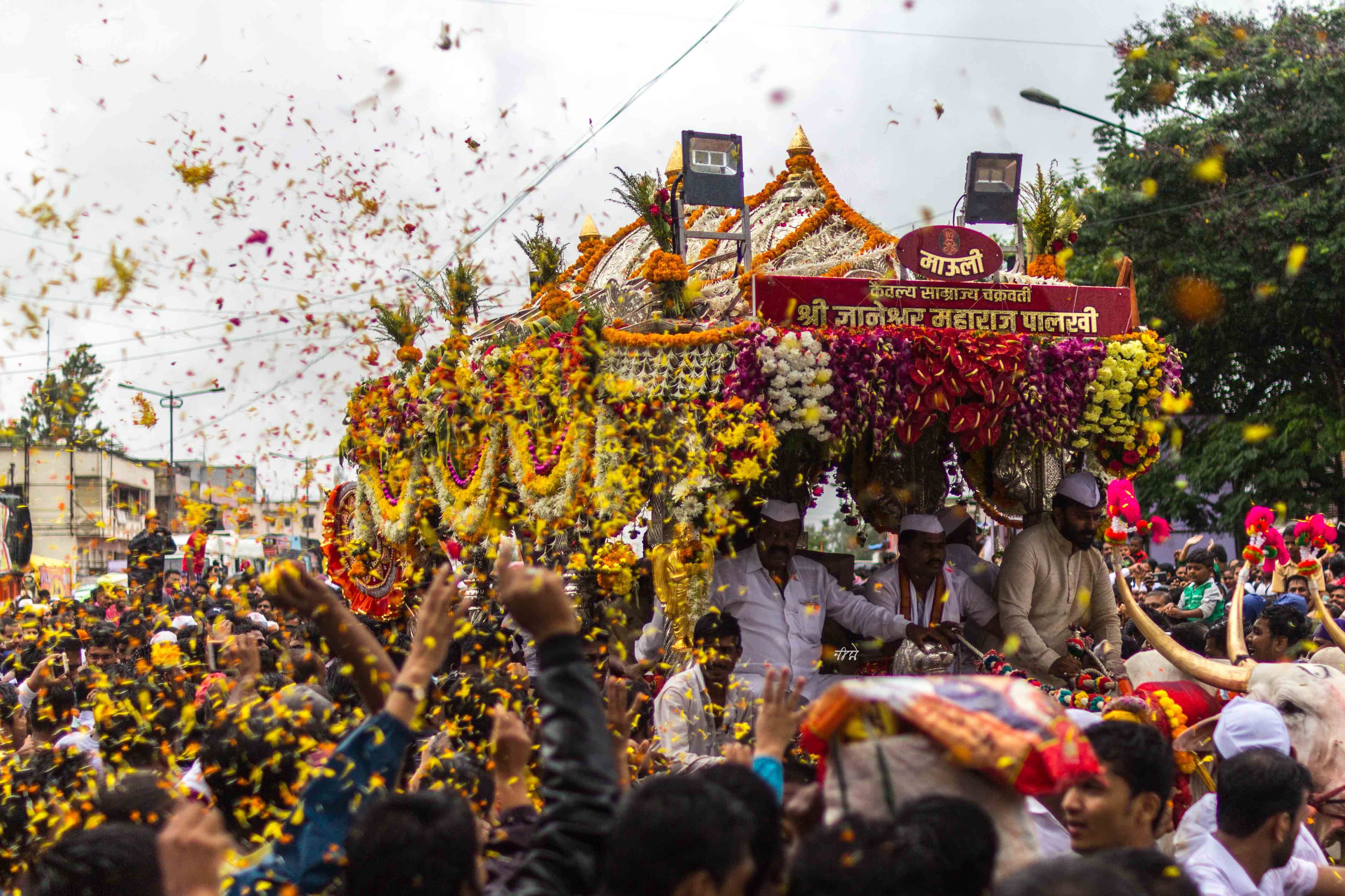 Sant Dnyaneshwar Maharaj's palkhi arriving in Pune, devotees showering marigold and rose petals from above, the practice continuing as it has for seven centuries